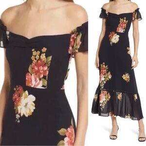 Reformation Black Floral Off-Shoulder Maxi Dress